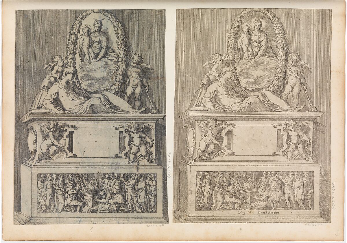 Tomb Surmounted by the Madonna and Child in an Oval Wreath, Angiolo Falconetto (Italian, active ca. 1555–67), Etching 