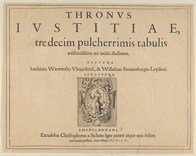 Typographic Title Page with a Vignette Depicting the Allegorical Figure of Justice, from Thronus Justitiae, tredecim pulcherrimus tabulis...