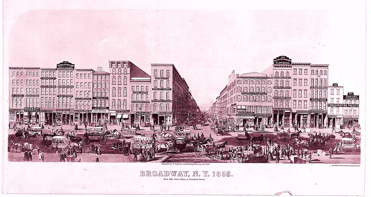 Broadway, New York, West Side from Fulton Street to Courtland Street, Lithographed by Boell and Michelin (New York, NY), Lithograph with tint stone 