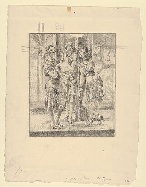 Three Girls on a Subway Platform, Reginald Marsh (American, Paris 1898–1954 Dorset, Vermont), Etching 