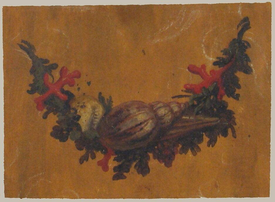 Design for Garland with Shells, Anonymous, French, 18th century, Gouache on tan-toned paper 