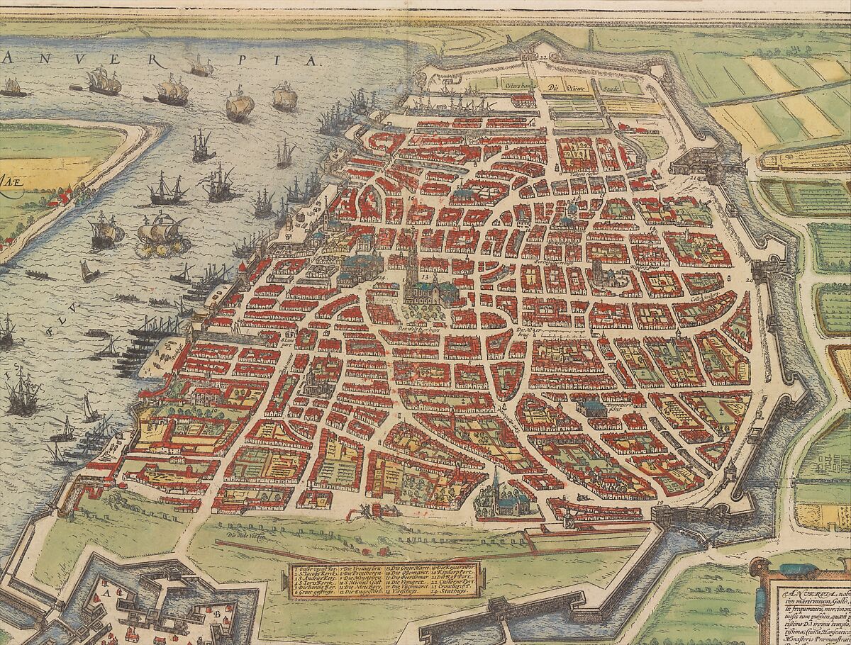 View of Antwerp from Braun and Hogenberg's Civitates Orbis Terrarum, Designed by Joris Hoefnagel (Netherlandish, Antwerp 1542–1600 Vienna), Hand-colored etching