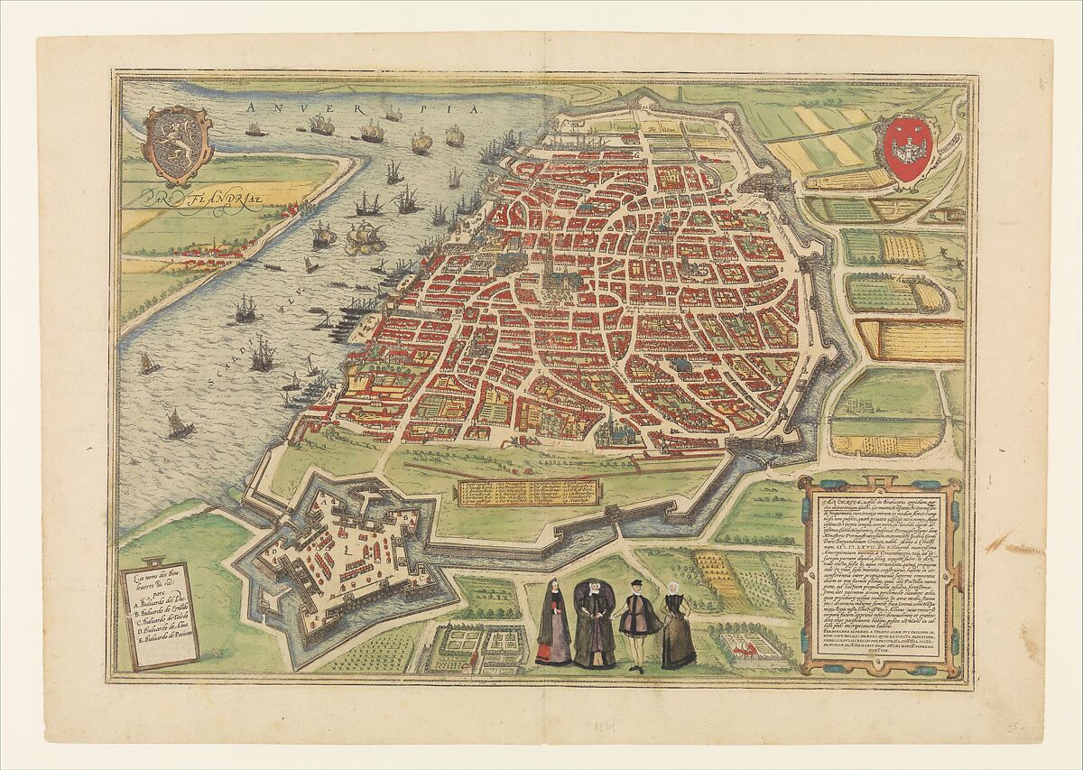 View of Antwerp from Braun and Hogenberg's Civitates Orbis Terrarum, Designed by Joris Hoefnagel (Netherlandish, Antwerp 1542–1600 Vienna), Hand-colored etching 