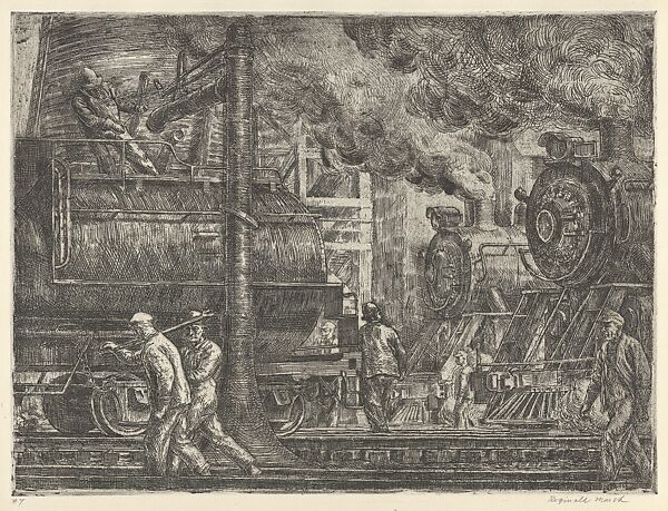 Erie R.R. Locos Watering, Reginald Marsh (American, Paris 1898–1954 Dorset, Vermont), Etching 