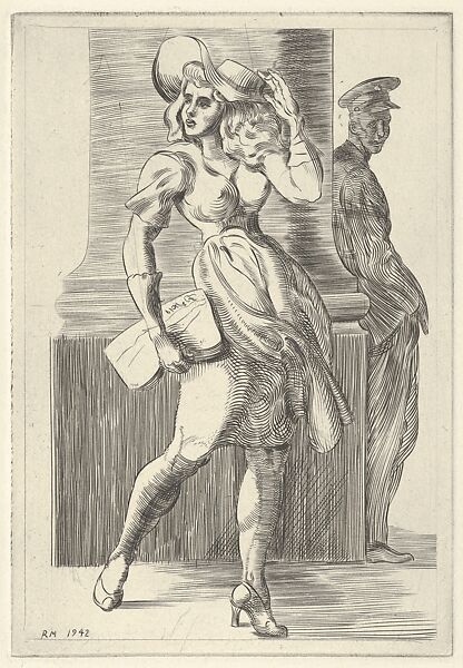 Girl Walking–Pillar–Soldier, Reginald Marsh (American, Paris 1898–1954 Dorset, Vermont), Engraving 