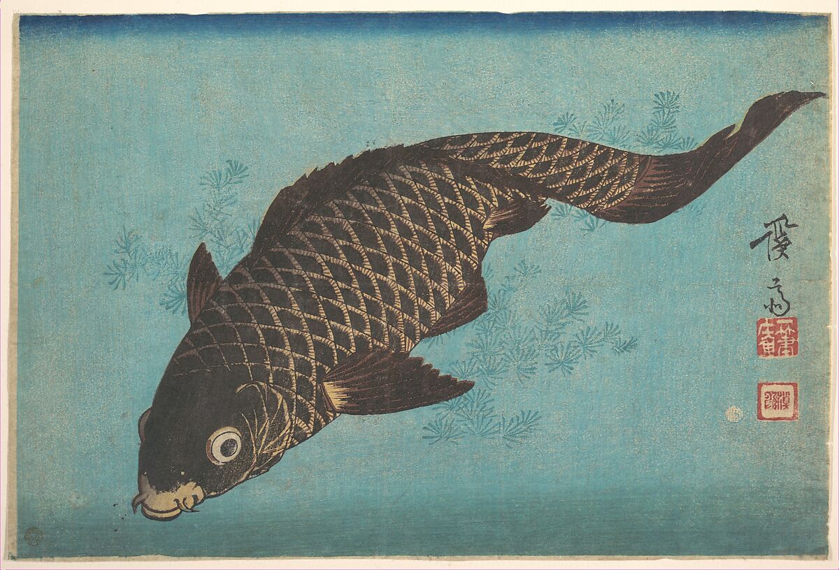 Woodblock print of a large koi fish against a light blue background.