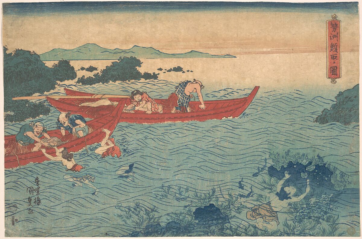Seishu Awabi-tori no Zu, Utagawa Kunisada (Japanese, 1786–1864), Woodblock print; ink and color on paper, Japan 