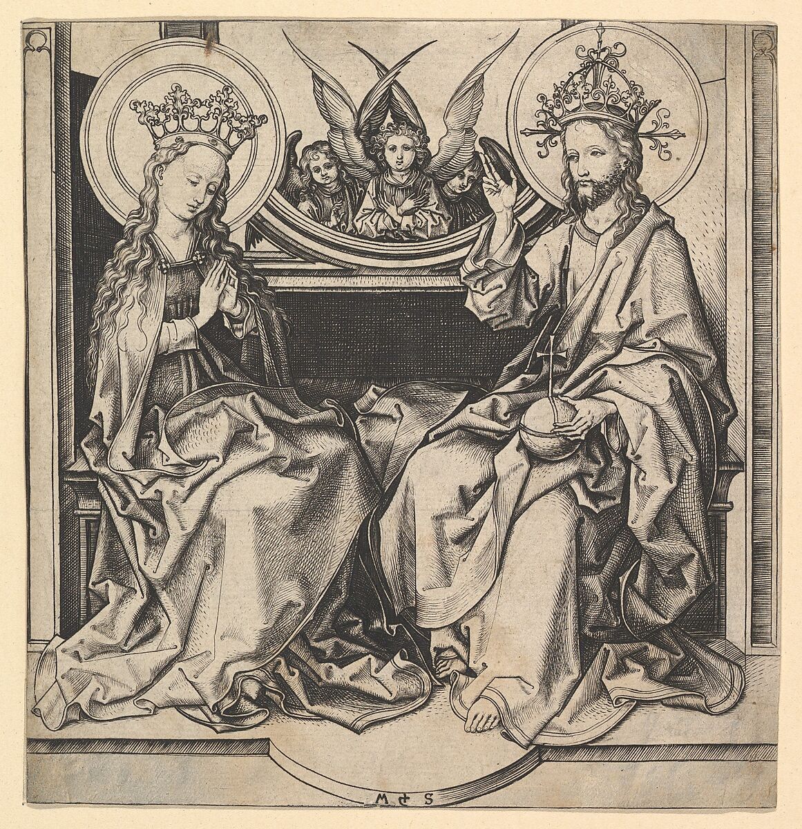 The Enthronement of the Virgin, Martin Schongauer (German, Colmar ca. 1435/50–1491 Breisach), Engraving 