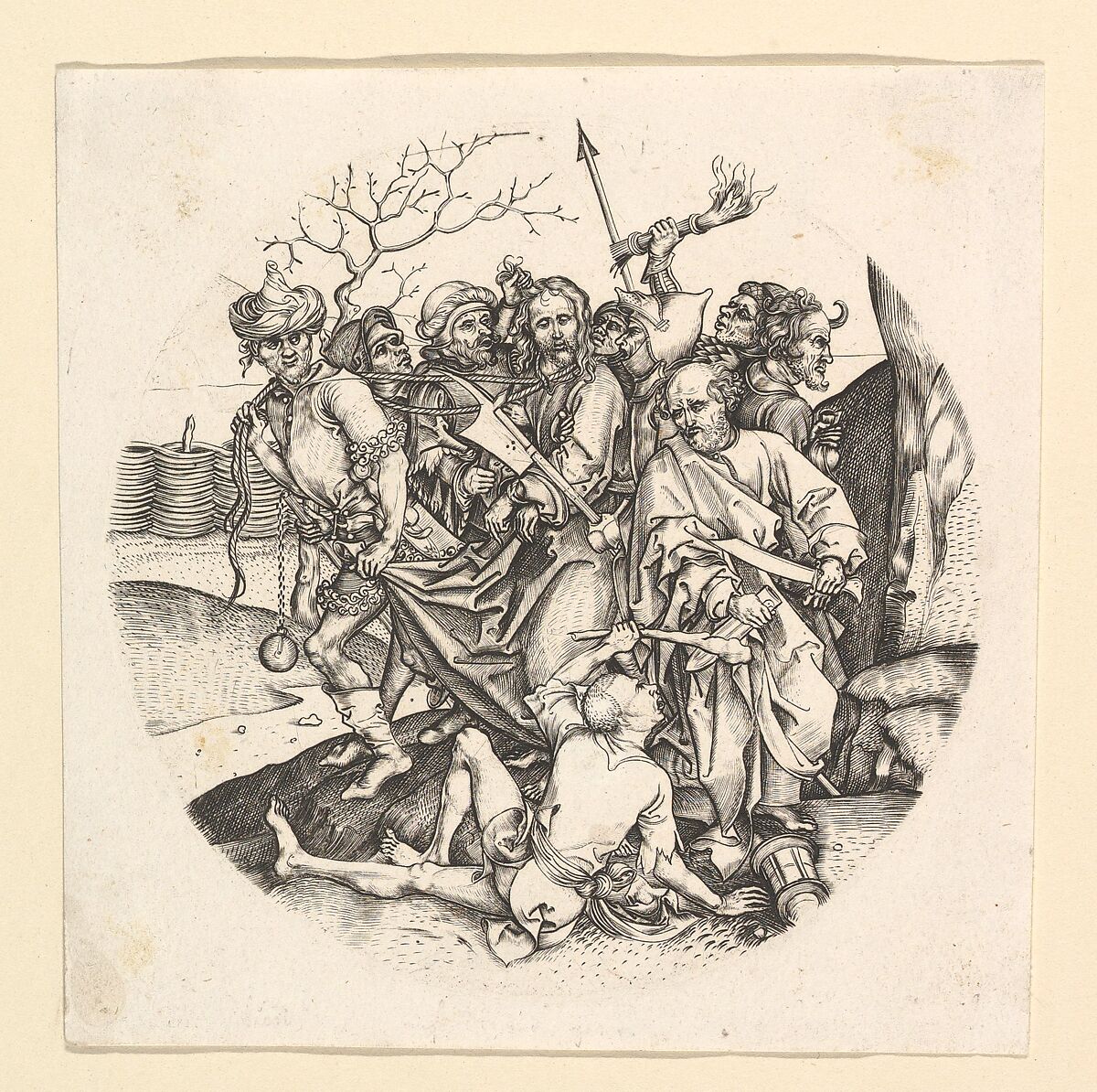 The Betrayal of Christ (reverse copy in roundel), After Martin Schongauer (German, Colmar ca. 1435/50–1491 Breisach), Engraving 