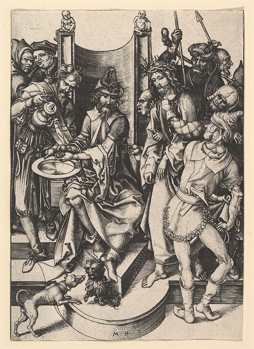 Pilate Washing His Hands, Martin Schongauer (German, Colmar ca. 1435/50–1491 Breisach), Engraving 