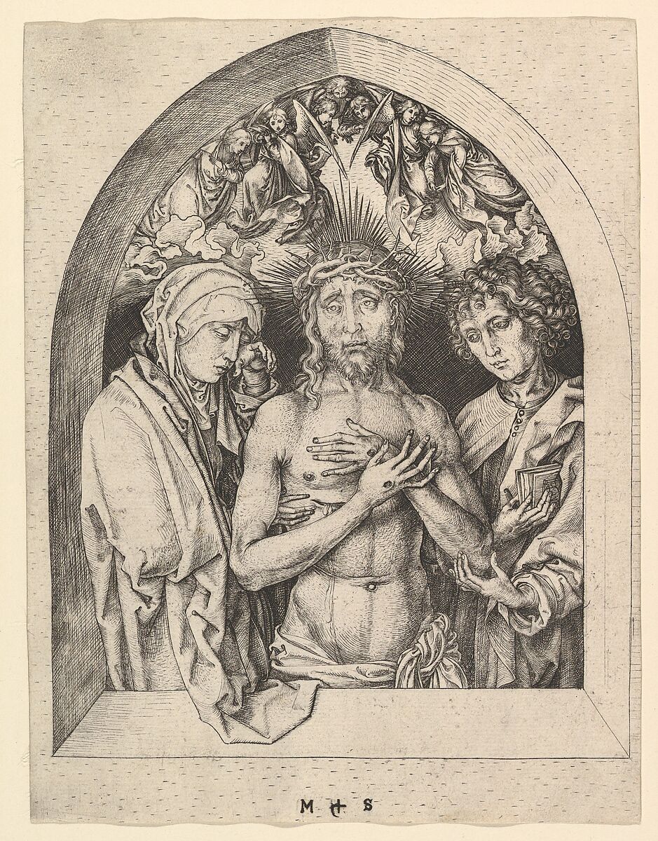 Christ as the Man of Sorrows with the Virgin and St. John, Martin Schongauer (German, Colmar ca. 1435/50–1491 Breisach), Engraving; first state 