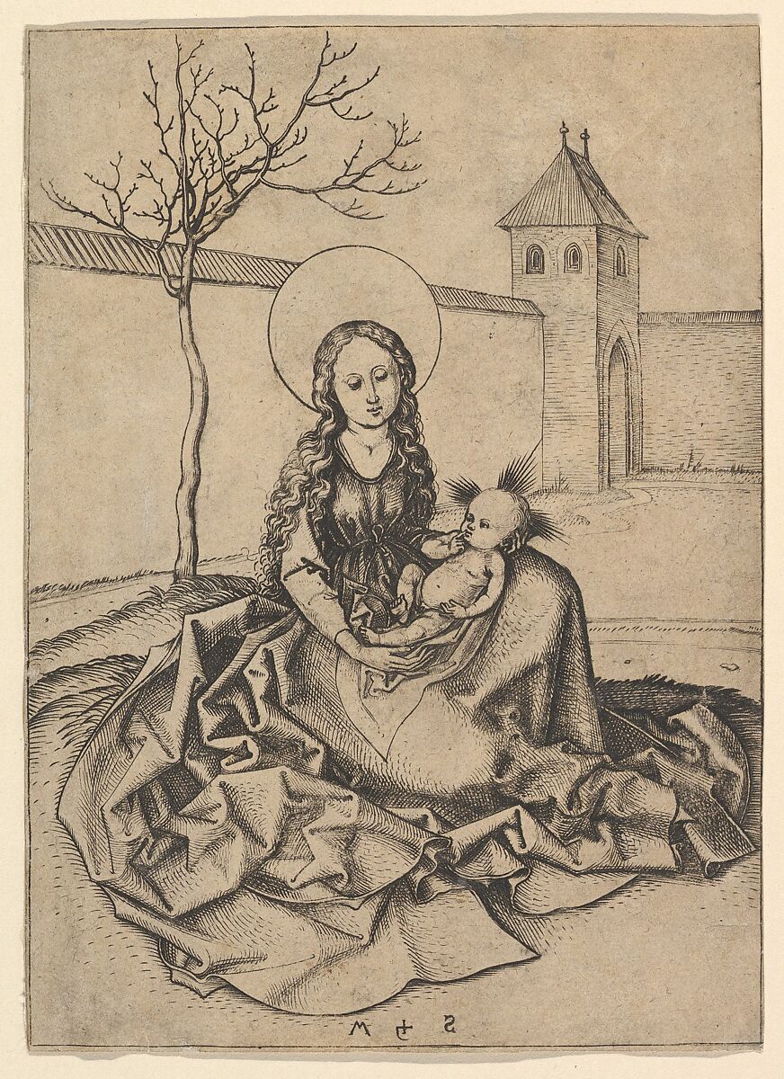 The Madonna and Child in the Courtyard, Martin Schongauer (German, Colmar ca. 1435/50–1491 Breisach), Engraving 