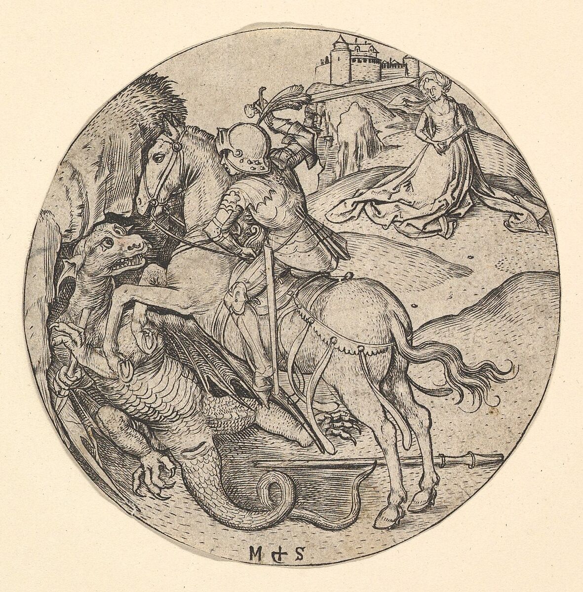 St. George Slaying the Dragon, Martin Schongauer (German, Colmar ca. 1435/50–1491 Breisach), Engraving 