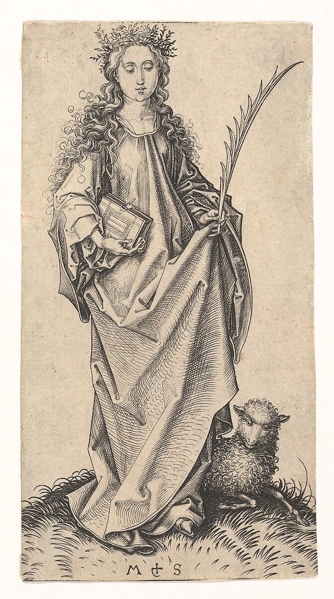 St. Agnes, Martin Schongauer (German, Colmar ca. 1435/50–1491 Breisach), Engraving 
