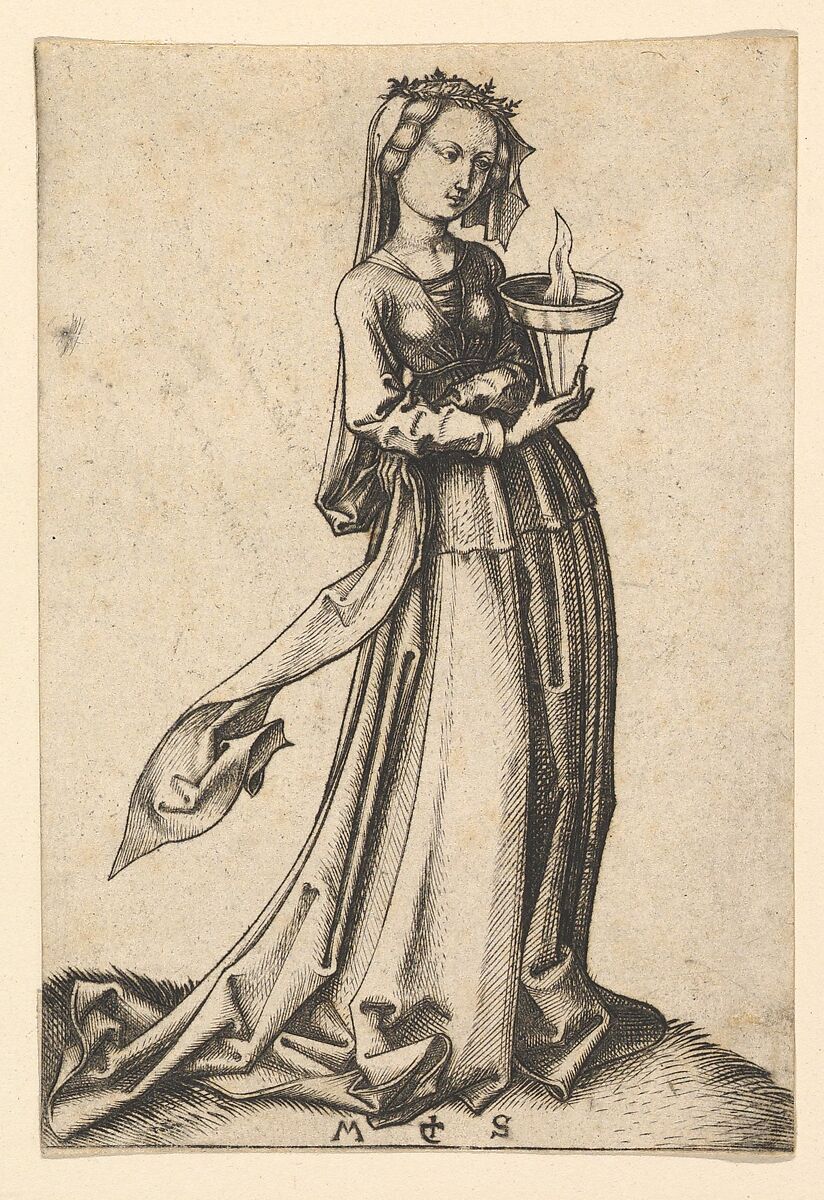 The Fourth Wise Virgin, from the series The Wise and Foolish Virgins, Martin Schongauer (German, Colmar ca. 1435/50–1491 Breisach), Engraving 