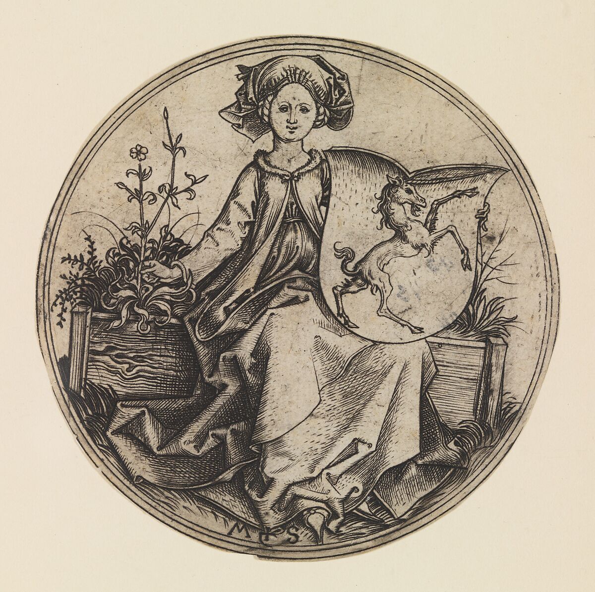 Seated Lady Holding a Shield with an Unicorn, Martin Schongauer (German, Colmar ca. 1435/50–1491 Breisach), Engraving 