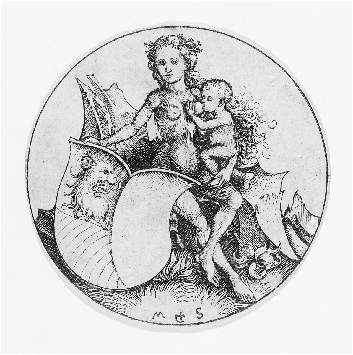 Wild Woman Holding a Shield with a Lion's Head, Martin Schongauer (German, Colmar ca. 1435/50–1491 Breisach), Engraving