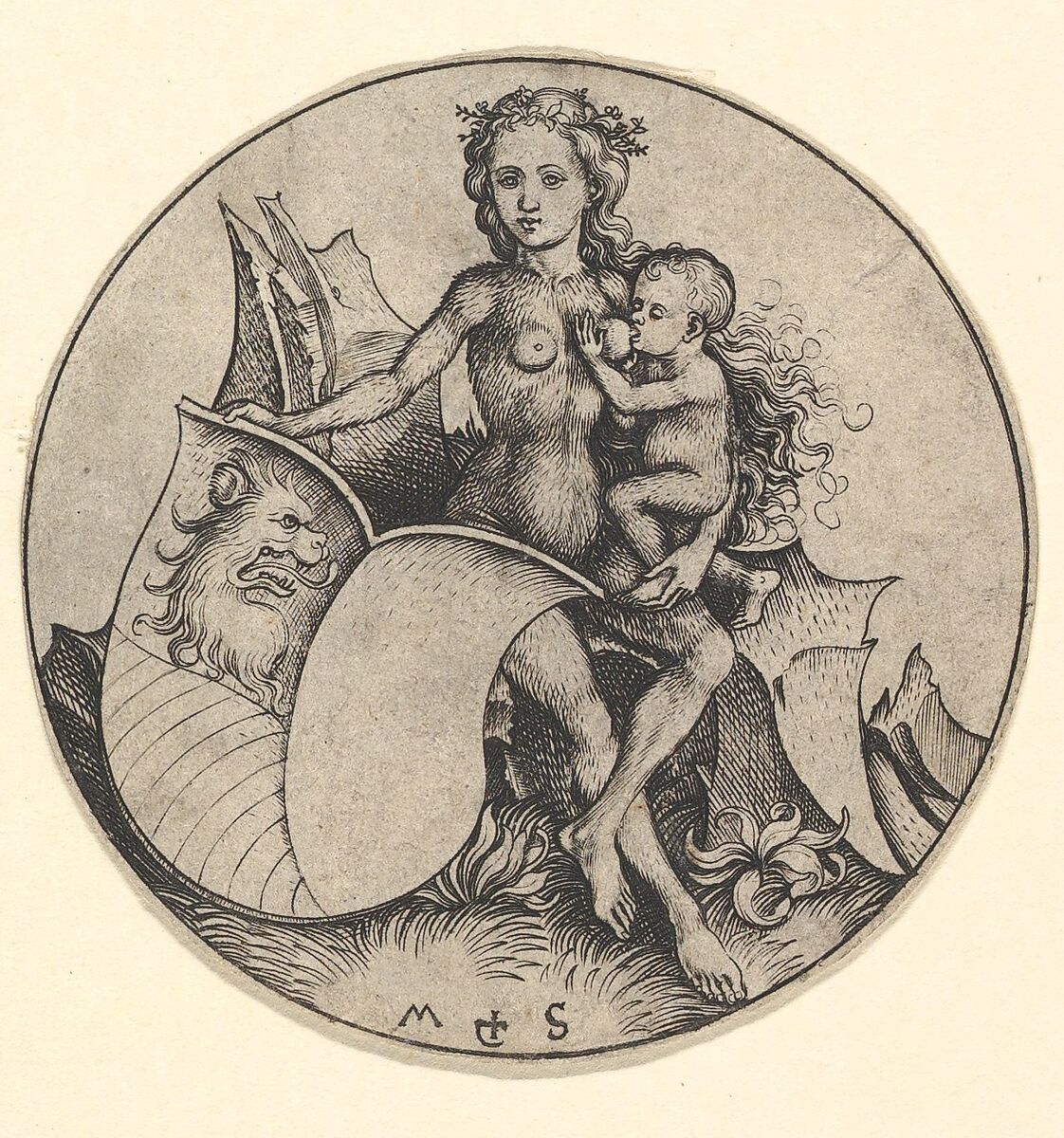 Wild Woman Holding a Shield with a Lion's Head, Martin Schongauer  German, Engraving