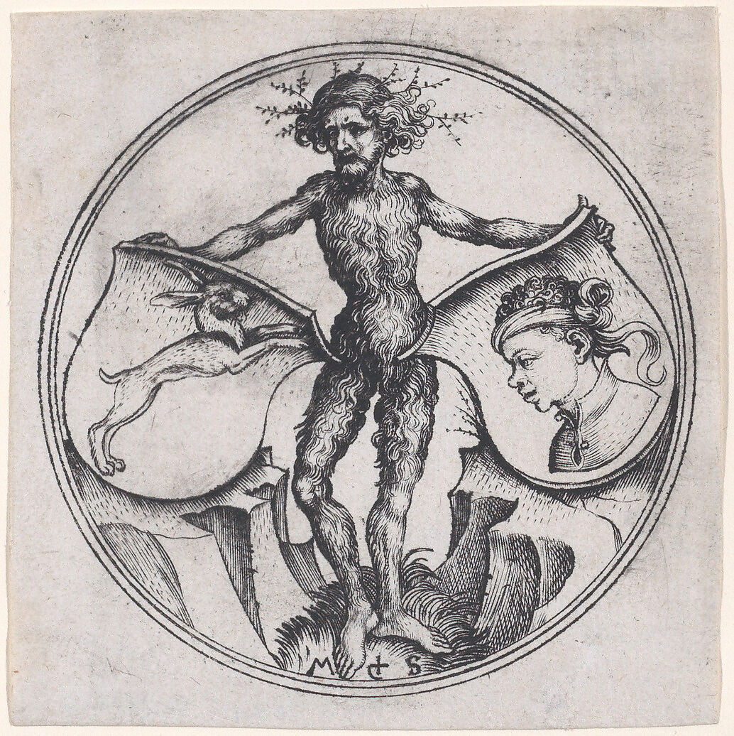 Wild Man Holding a Shield with a Hare and a Shield with a Moor's Head, Martin Schongauer (German, Colmar ca. 1435/50–1491 Breisach), Engraving 