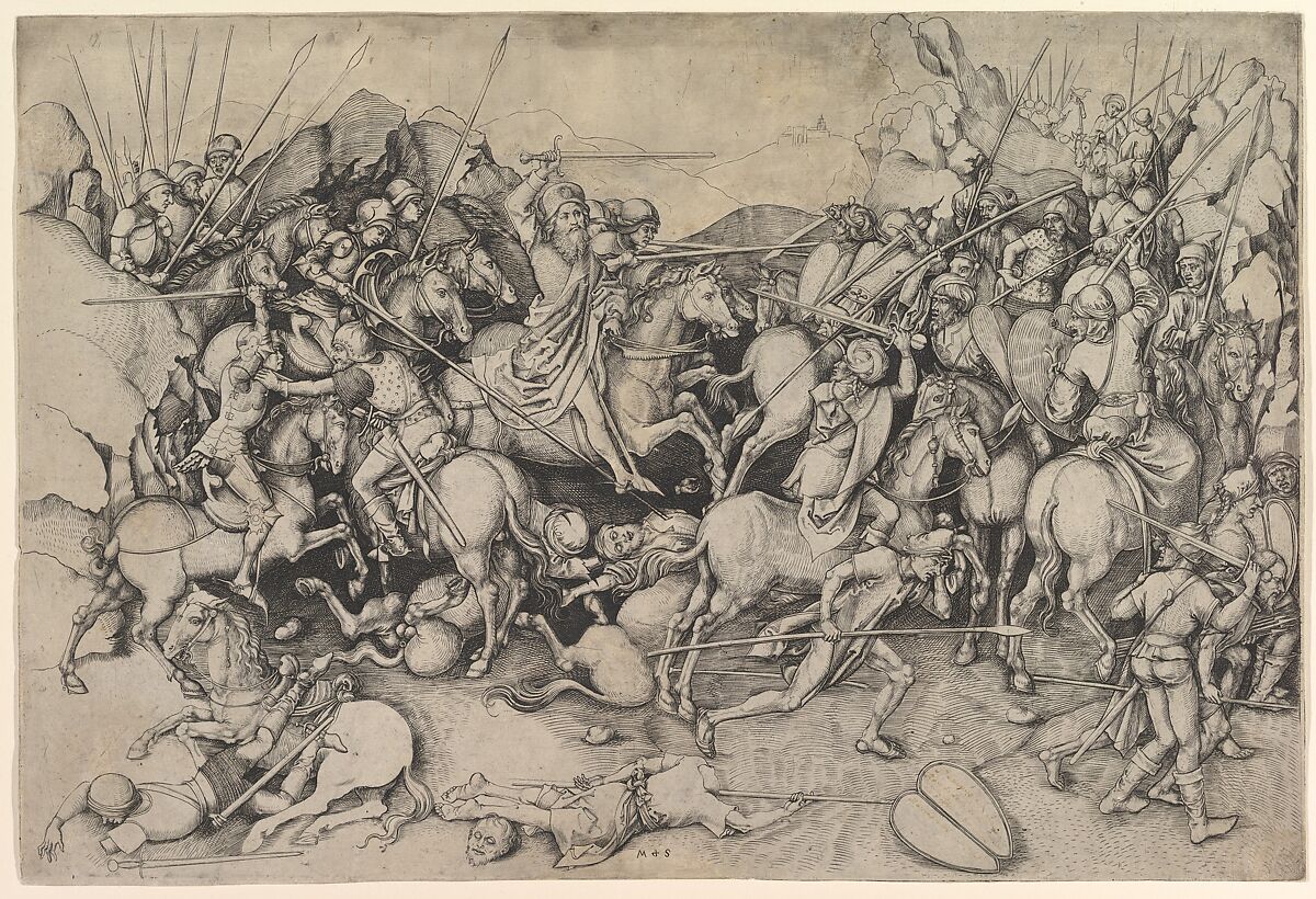 St. James the Major at the Battle of Clavigo, Attributed to Martin Schongauer (German, Colmar ca. 1435/50–1491 Breisach), Engraving; first state 