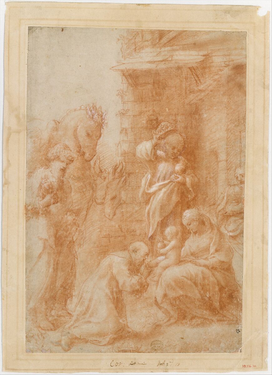 The Adoration of the Magi, Correggio (Antonio Allegri) (Italian, Correggio, active by 1514–died 1534 Correggio), Red chalk, highlighted with white gouache