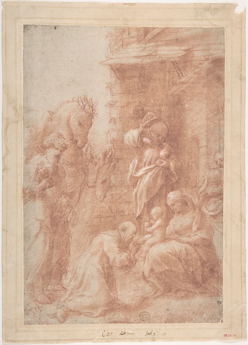 The Adoration of the Magi, Correggio (Antonio Allegri)  Italian, Red chalk, highlighted with white gouache