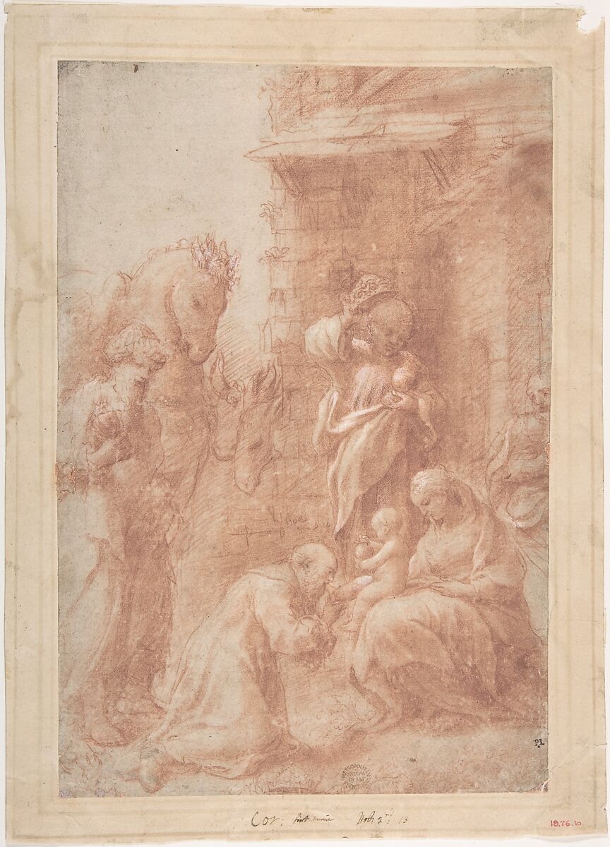 The Adoration of the Magi, Correggio (Antonio Allegri) (Italian, Correggio, active by 1514–died 1534 Correggio), Red chalk, highlighted with white gouache 