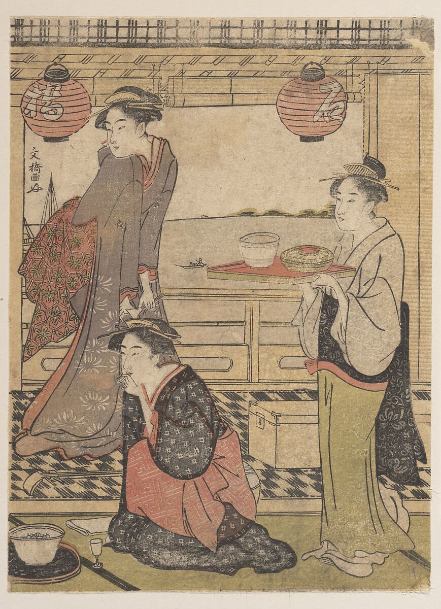 An Entertainment at Shinagawa, Sakuragawa Bunkyo (Japanese), Right-hand sheet of a triptych of woodblock prints; ink and color on paper, Japan 