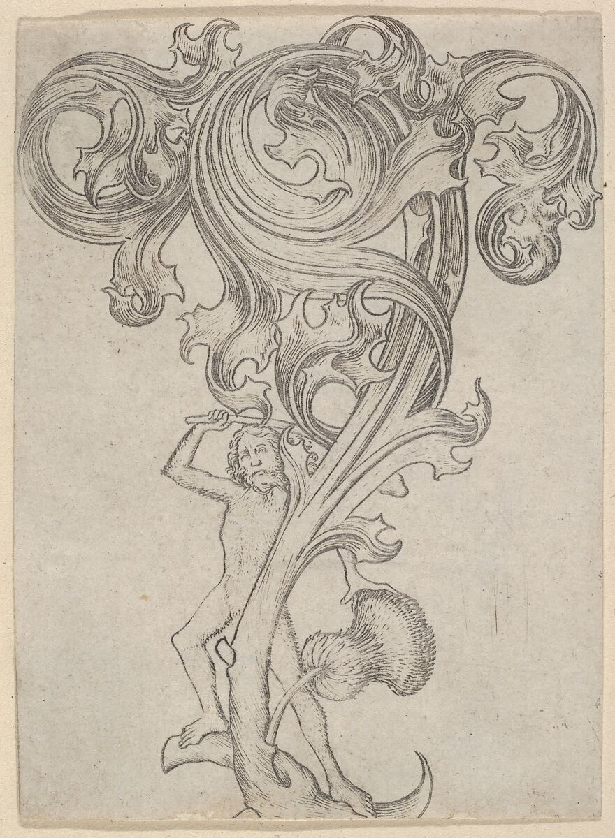 Ornament with a Wild Man, Master ES (German, active ca. 1450–67), Engraving; second state of two 