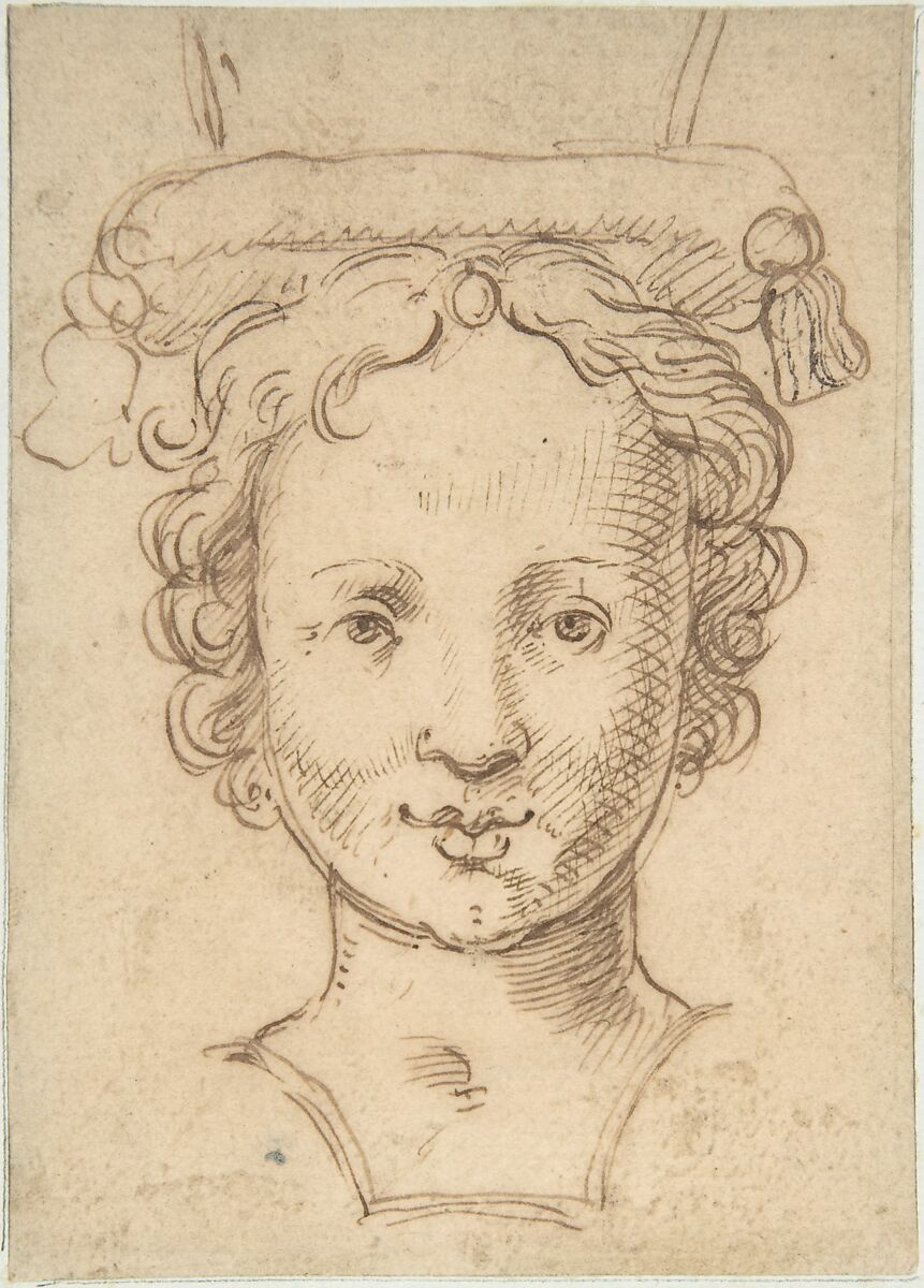 Head of a Young Woman, a Probable Finial for Fountain or other Type of Waterwork, Anonymous, Italian, Sienese or Marchigian, 16th century, Pen and brown ink 