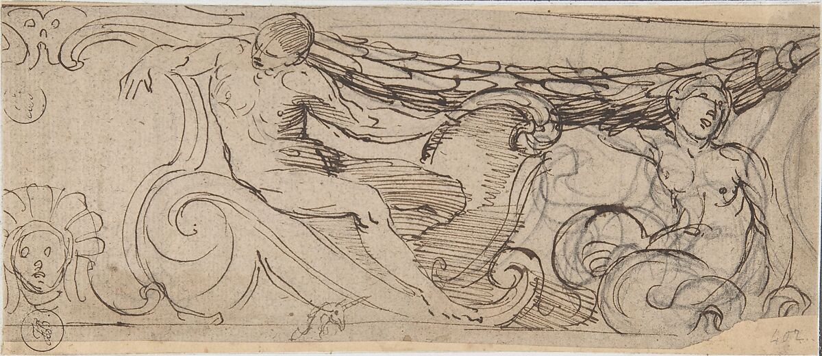 Design for a Frieze: A Nude Man, Sea Creature, a Garland and Volutes, Small head of Unicorn, Anonymous, Italian, Roman-Bolognese, 17th century, Pen and brown ink over black chalk 