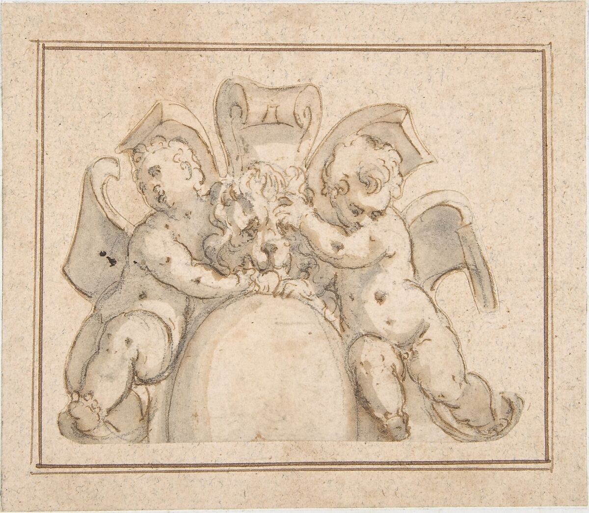 Strapwork Cartouche with Putti and a Lion's Mask, Anonymous, Italian, 17th century, Pen and brown ink, brush and brown wash, over black chalk; silhouetted 