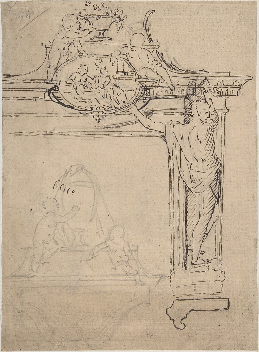 Framing Element with Figures (?), Anonymous, Italian, 17th century, Pen and brown and black ink, over graphite 