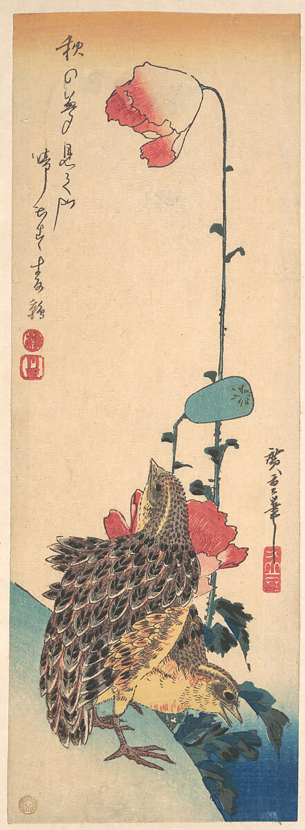 A Pair of Quails and Poppies, Utagawa Hiroshige (Japanese, Tokyo (Edo) 1797–1858 Tokyo (Edo)), Woodblock print
, Japan 