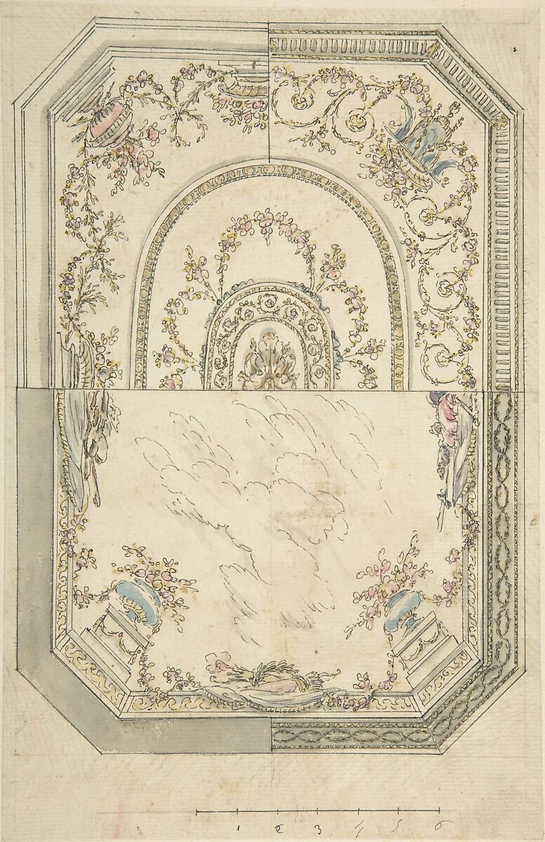 Au Choix Design for a Ceiling, Giovanni Larciani ("Master of the Kress Landscapes") (Italian, 1484–1527) or early 19th century, Pen and black ink, brush with gray wash and watercolor, over graphite; measurement scale drawn along lower border 