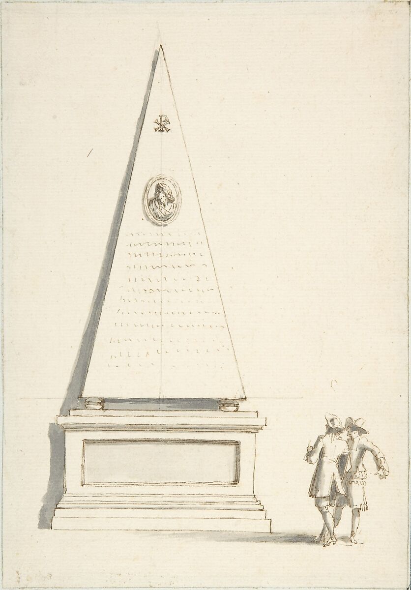 Funerary Monument with Two Male Figures (Santa Maria del Popolo, Cappella Chigi, Rome), Giovanni Larciani ("Master of the Kress Landscapes") (Italian, 1484–1527), Pen and brown ink, brush and gray wash, over graphite 