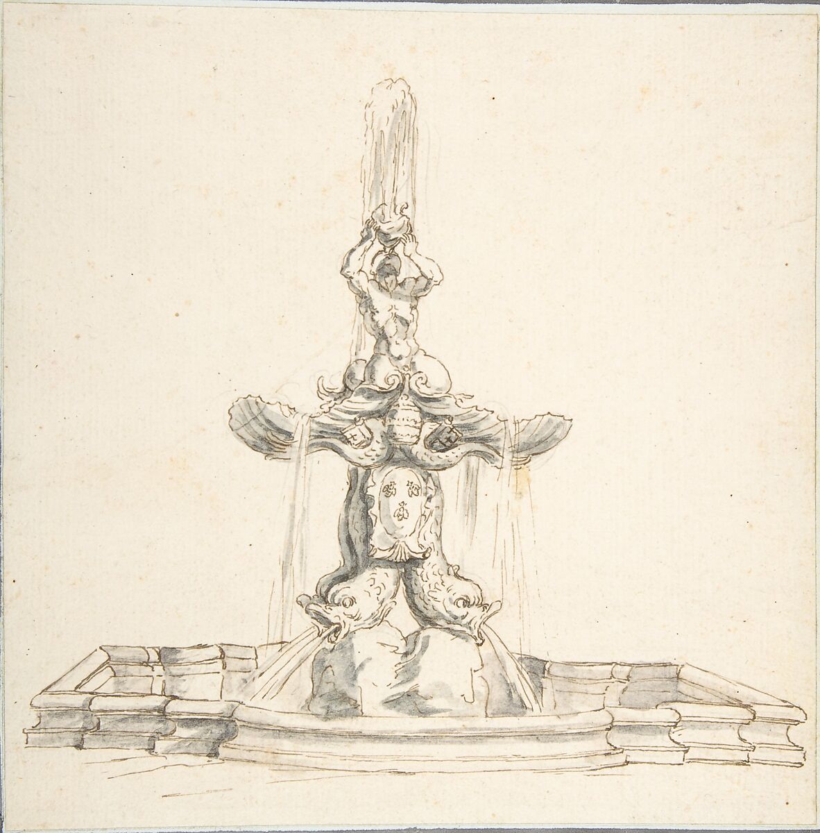 Bernini's Fountain of "Il Tritone," Piazza Barberini, Rome, Giovanni Larciani ("Master of the Kress Landscapes") (Italian, 1484–1527), Pen and brown ink, brush and gray wash, over graphite 