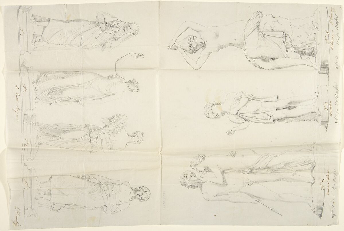 Sketches of seven sculptures: The Four Seasons, Venus and Adonis, a Beggar, and Salmacis, Circle of John Gibson (British, Gwynedd, Wales 1790–1866 Rome), Pen and brown ink, graphite 