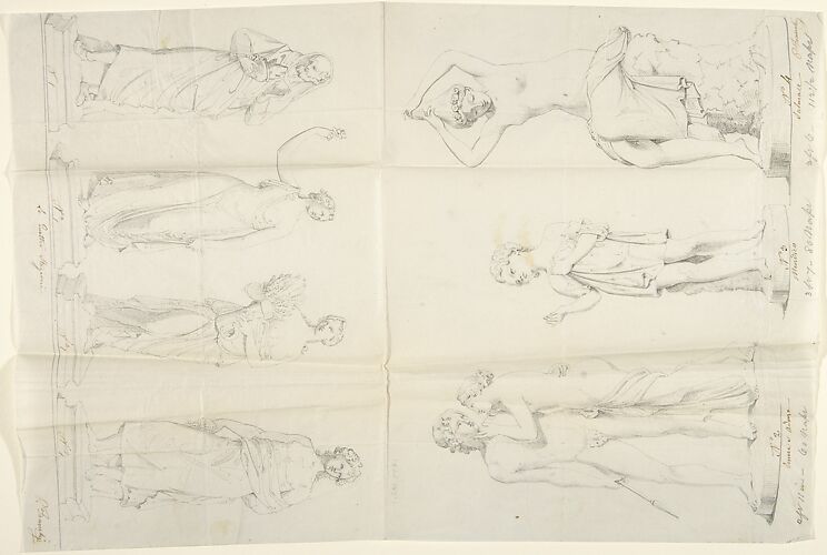 Sketches of seven sculptures: The Four Seasons, Venus and Adonis, a Beggar, and Salmacis