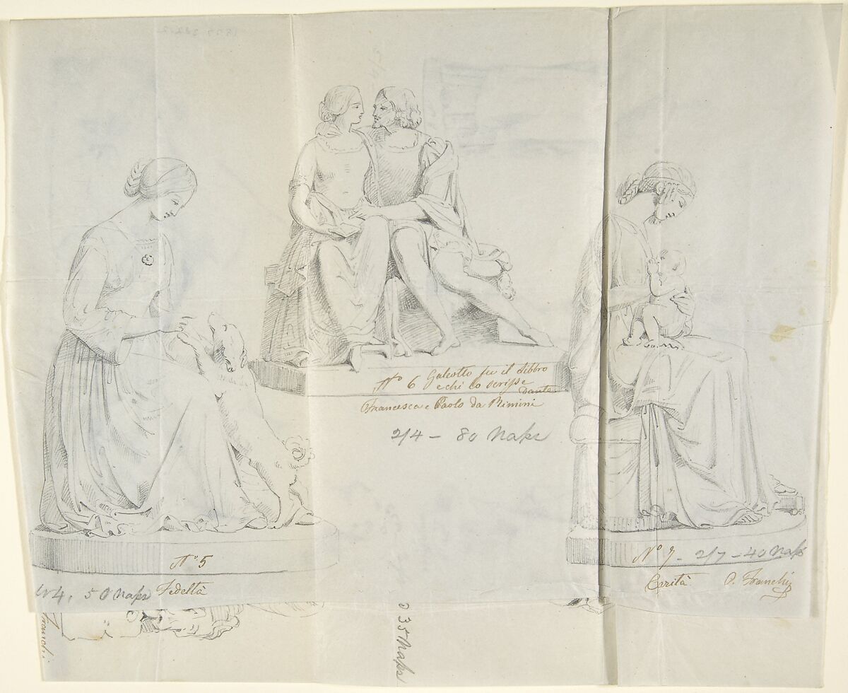 Sketches of Seven Statues: Faith, Paolo and Francesca di RImini, Charity, Ceres, Heavenly Venus, Dancer, and Sleeping Cupid, Circle of John Gibson (British, Gwynedd, Wales 1790–1866 Rome), Graphite, with inscriptions in pen and brown ink 