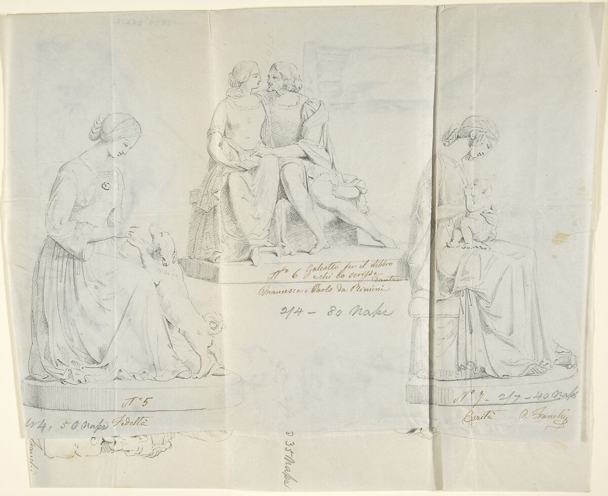 Sketches of seven statues: Faith, Paolo and Francesca di RImini, Charity, Ceres, Heavenly Venus, Dancer, and Sleeping Cupid, Circle of John Gibson (British, Gwynedd, Wales 1790–1866 Rome), Graphite, with inscriptions in pen and brown ink 