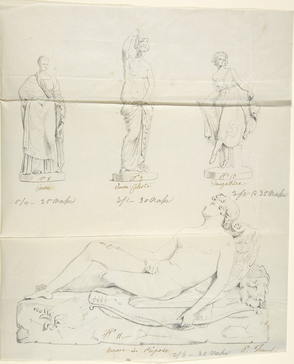 Sketches of seven statues: Faith, Paolo and Francesca di RImini, Charity, Ceres, Heavenly Venus, Dancer, and Sleeping Cupid, Circle of John Gibson (British, Gwynedd, Wales 1790–1866 Rome), Graphite, with inscriptions in pen and brown ink
