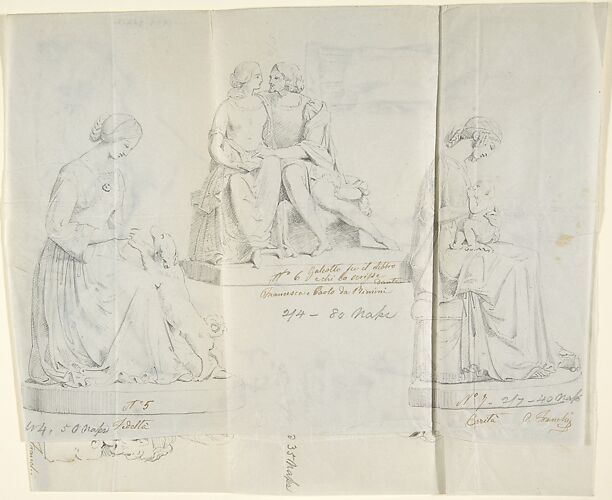 Sketches of Seven Statues: Faith, Paolo and Francesca di RImini, Charity, Ceres, Heavenly Venus, Dancer, and Sleeping Cupid