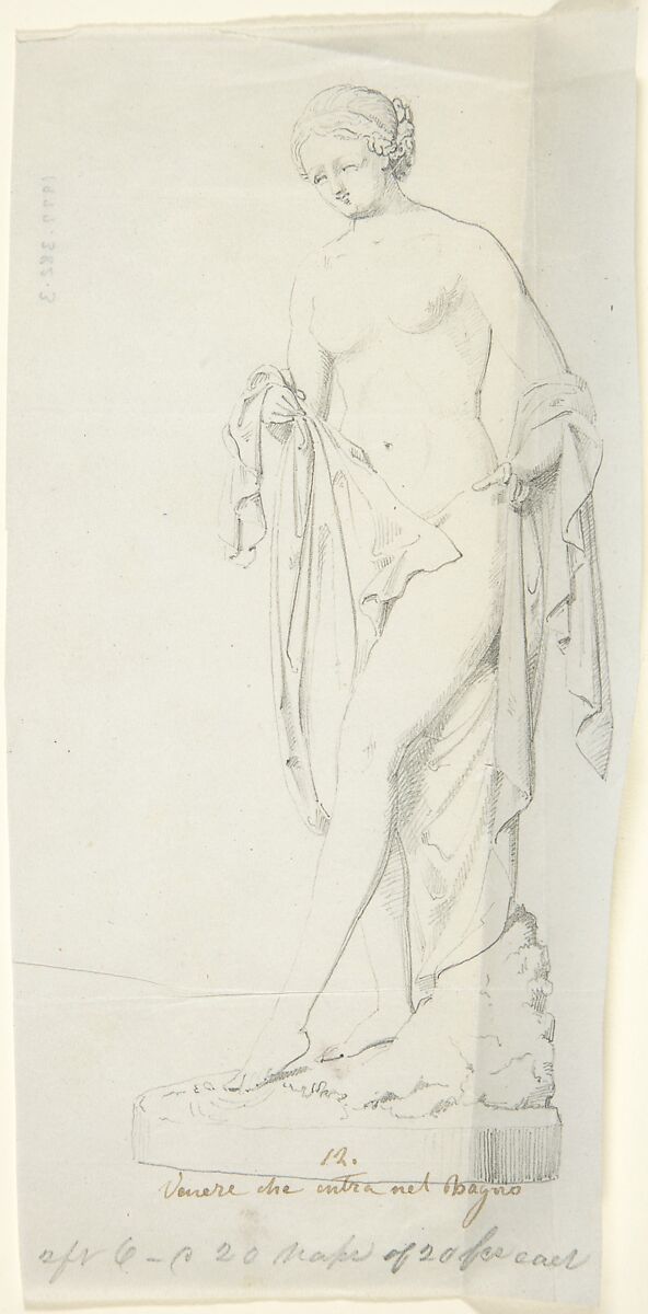 Sketch of a statue: Venus Entering the Bath, Circle of John Gibson (British, Gwynedd, Wales 1790–1866 Rome), Graphite, with inscriptions in pen and brown ink 
