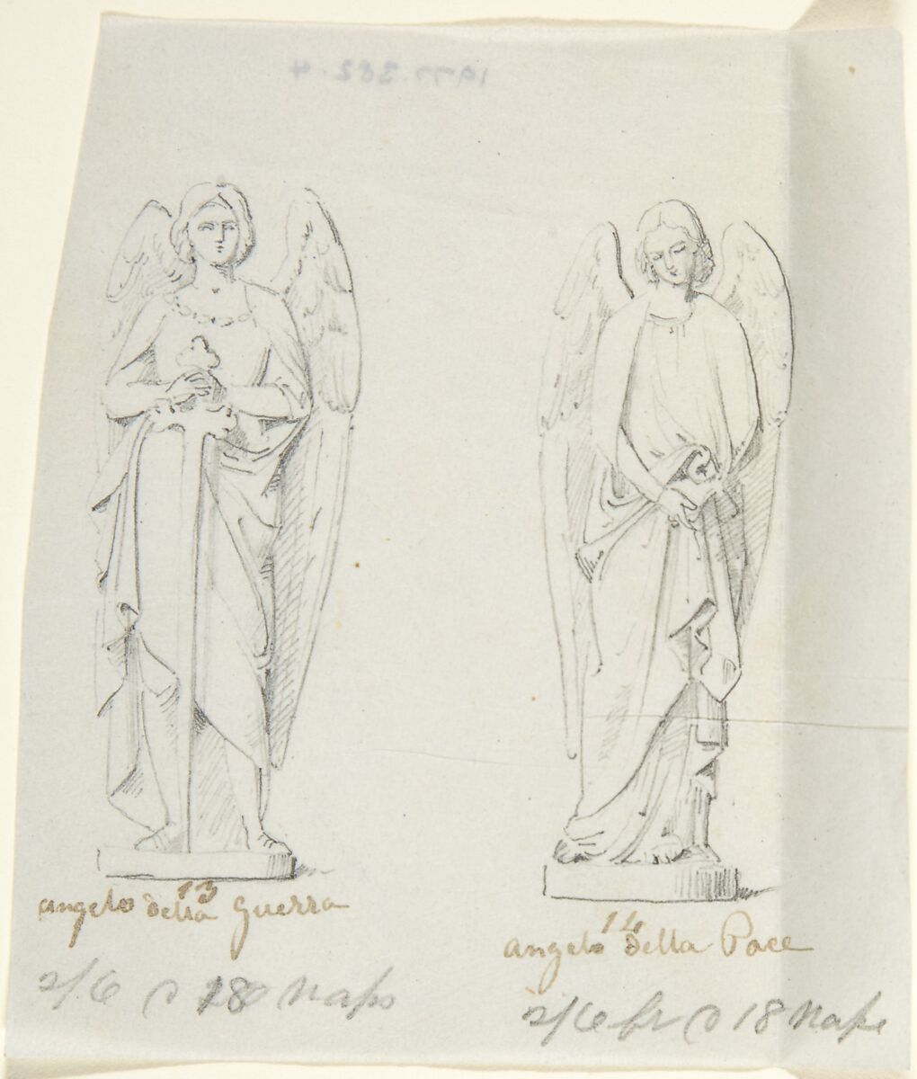 Sketches of Two Statues: Angel of War and Angel of Peace, Circle of John Gibson (British, Gwynedd, Wales 1790–1866 Rome), Graphite, with inscriptions in pen and brown ink 