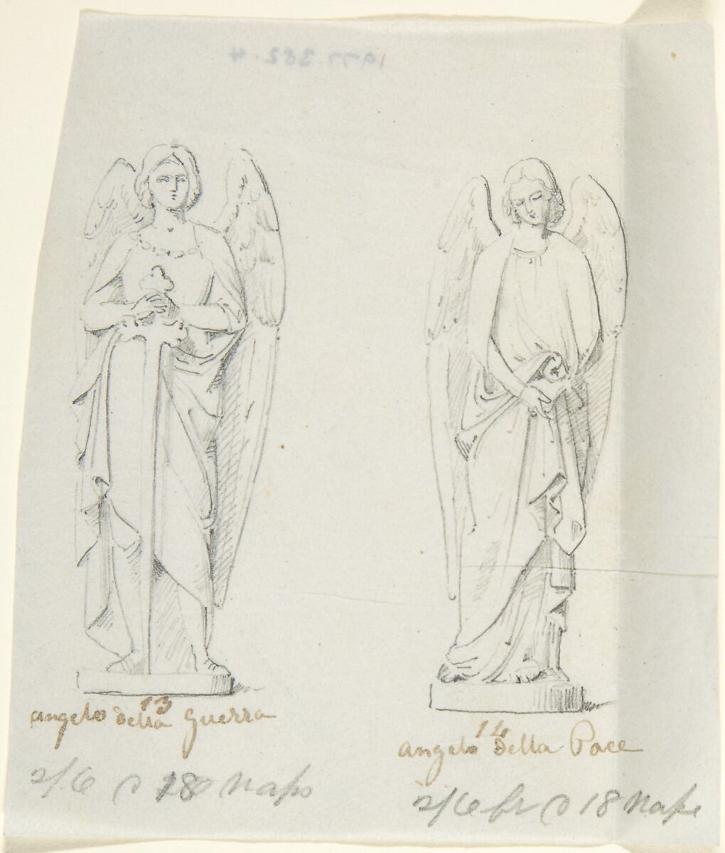 Sketches of two statues: Angel of War and Angel of Peace, Circle of John Gibson (British, Gwynedd, Wales 1790–1866 Rome), Graphite, with inscriptions in pen and brown ink 