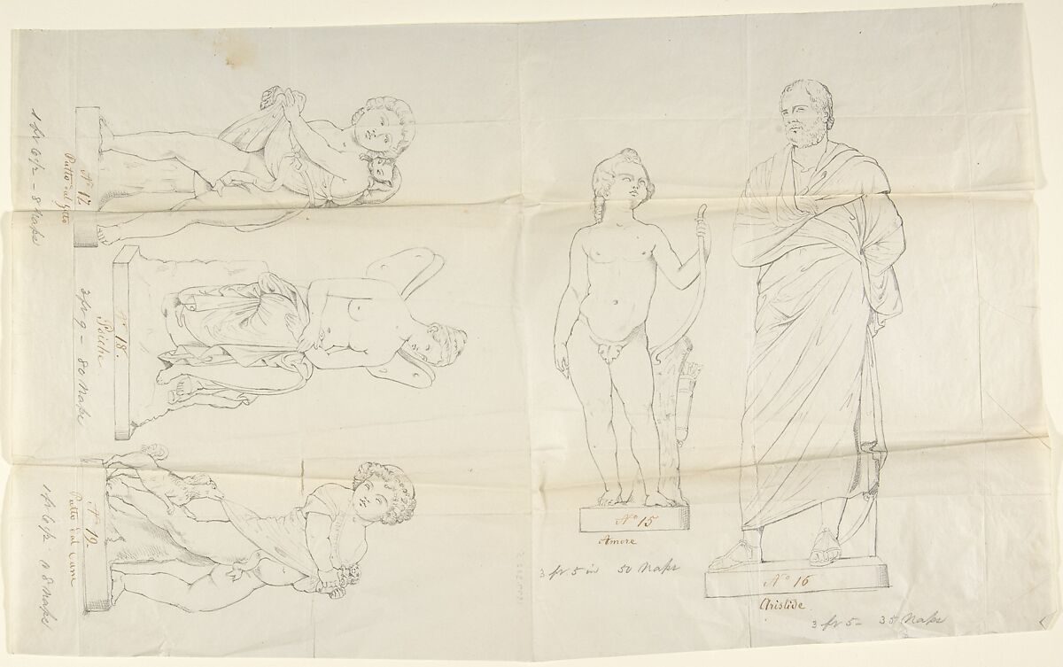 Sketches of Five Statues:  Love, Aristides, Putto with a Cat, Psyche, and Putto with a Dog, Circle of John Gibson (British, Gwynedd, Wales 1790–1866 Rome), Graphite, with inscriptions in pen and brown ink 