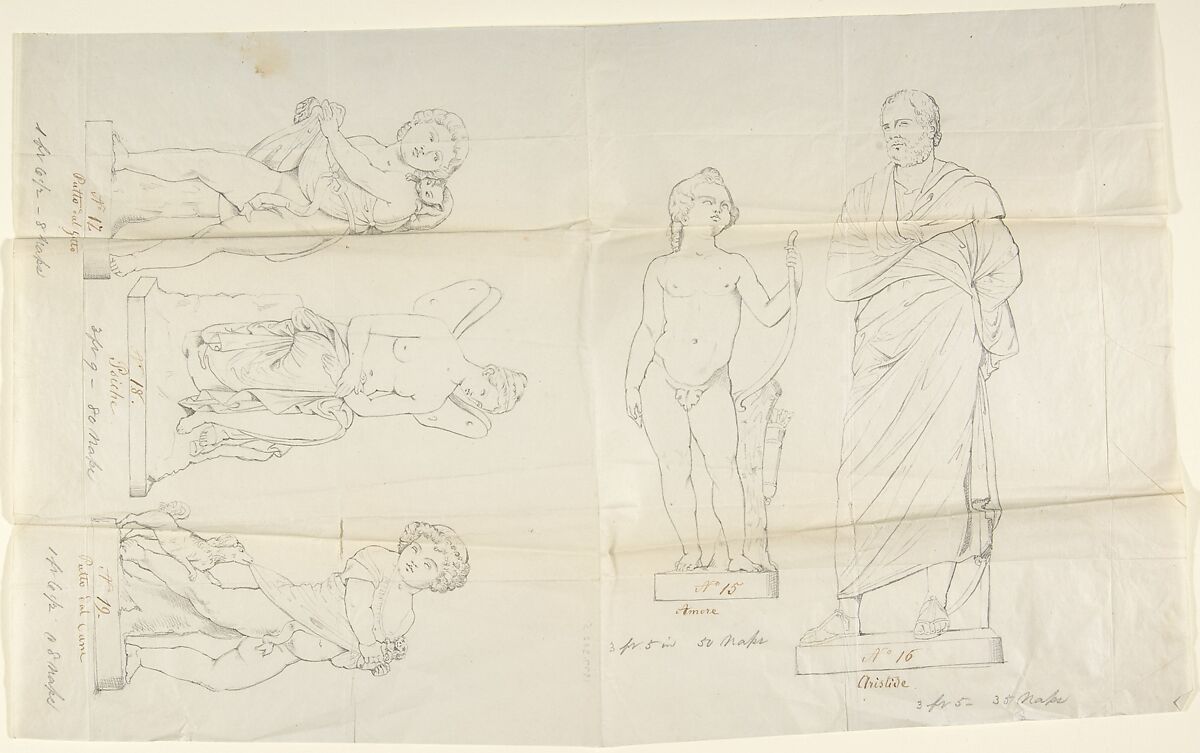 Sketches of five statues:  Love, Aristides, Putto with a Cat, Psyche, and Putto with a Dog, Circle of John Gibson (British, Gwynedd, Wales 1790–1866 Rome), Graphite, with inscriptions in pen and brown ink 