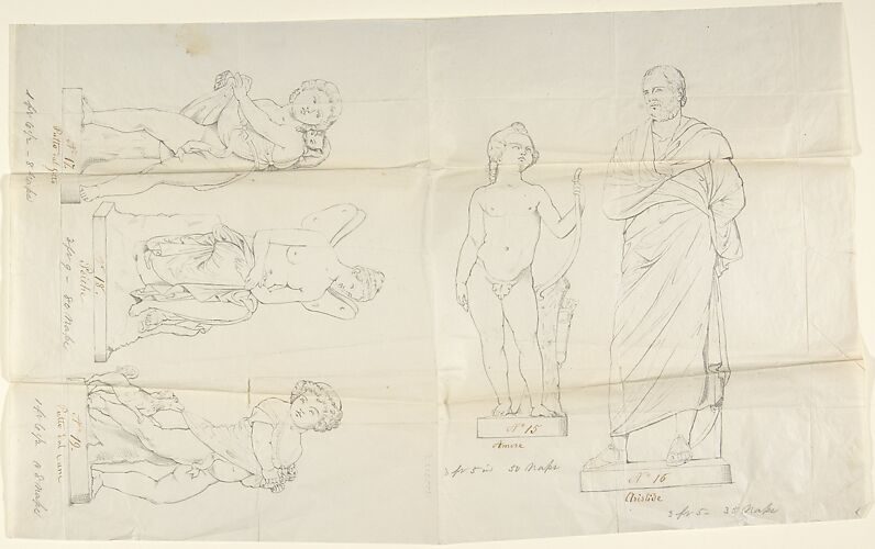 Sketches of Five Statues:  Love, Aristides, Putto with a Cat, Psyche, and Putto with a Dog