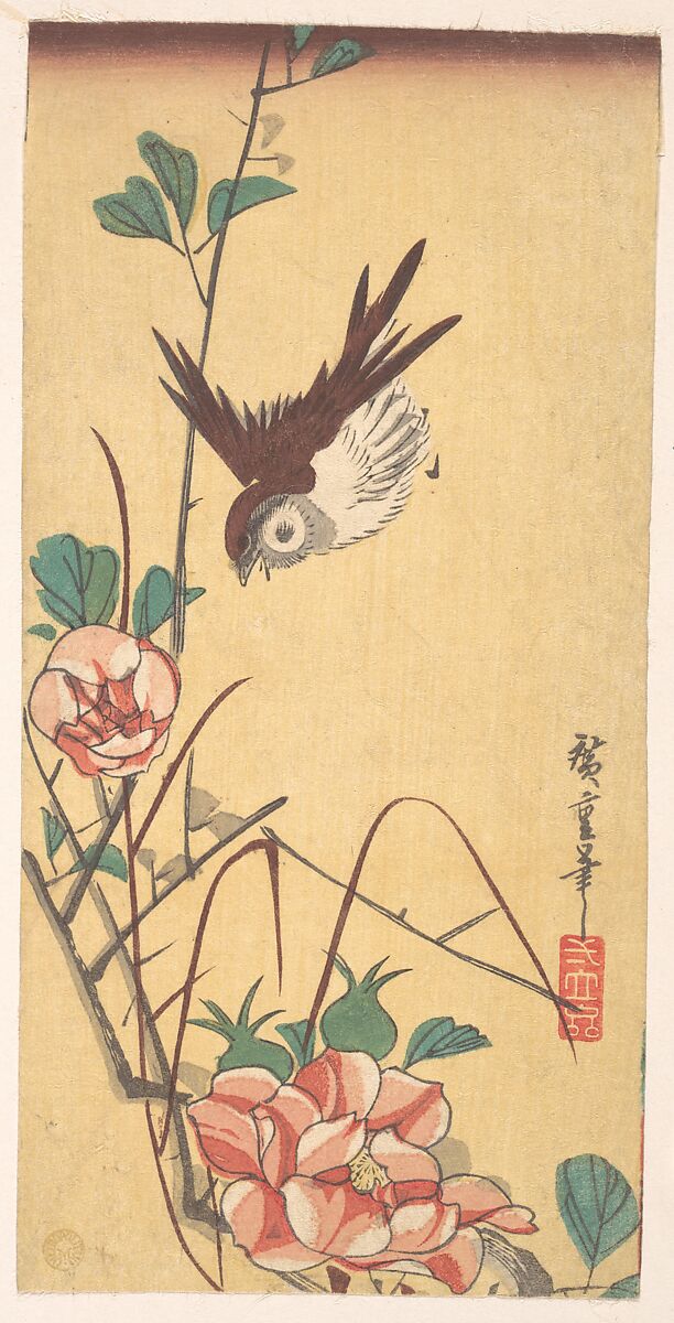 Roses and Sparrow, Utagawa Hiroshige (Japanese, Tokyo (Edo) 1797–1858 Tokyo (Edo)), Woodblock print; ink and color on paper, Japan 